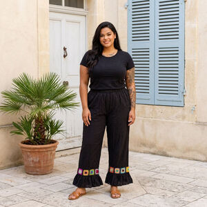 Women's Black Wide Leg Pants with Multicolor Crochet Patchwork Ruffle Trim 1X